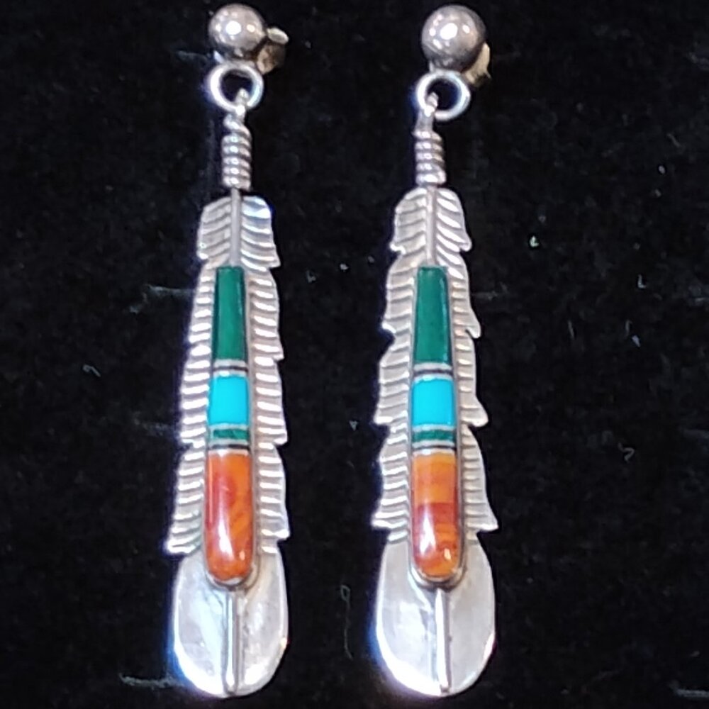 Vintage Inlay and Sterling Feather Earrings